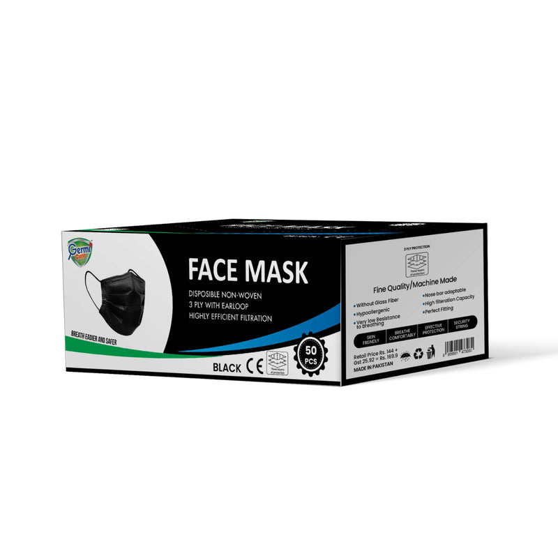 Germi Cure Black Face Mask 3-Ply (50 Pack)